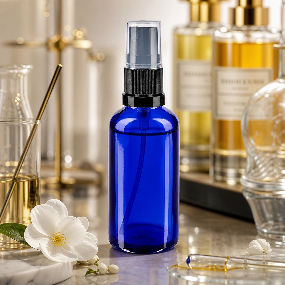 Botella pulverizadora azul de 50 ml de cristal de farmacia con atomizador fino negro y una flor blanca