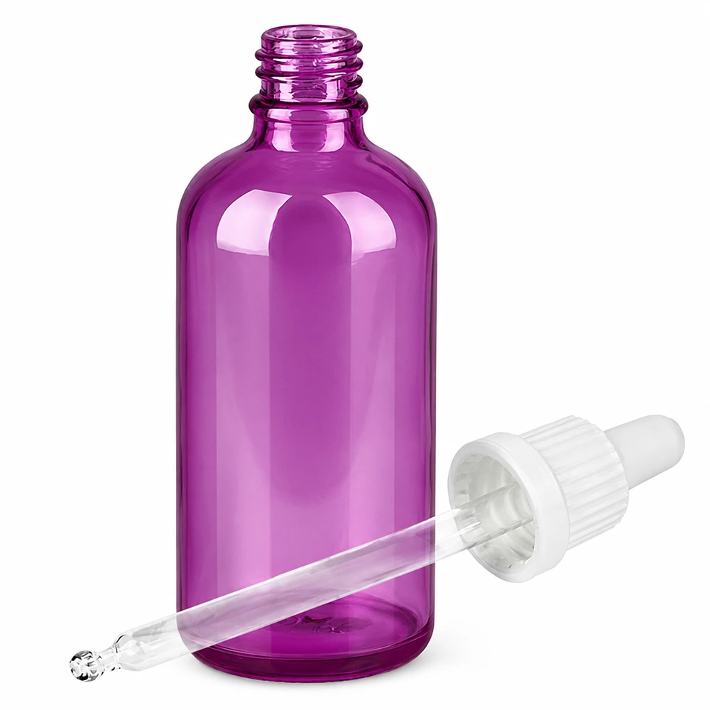Frasco de cristal morado de 100 ml con pipeta para aceites esenciales y sueros