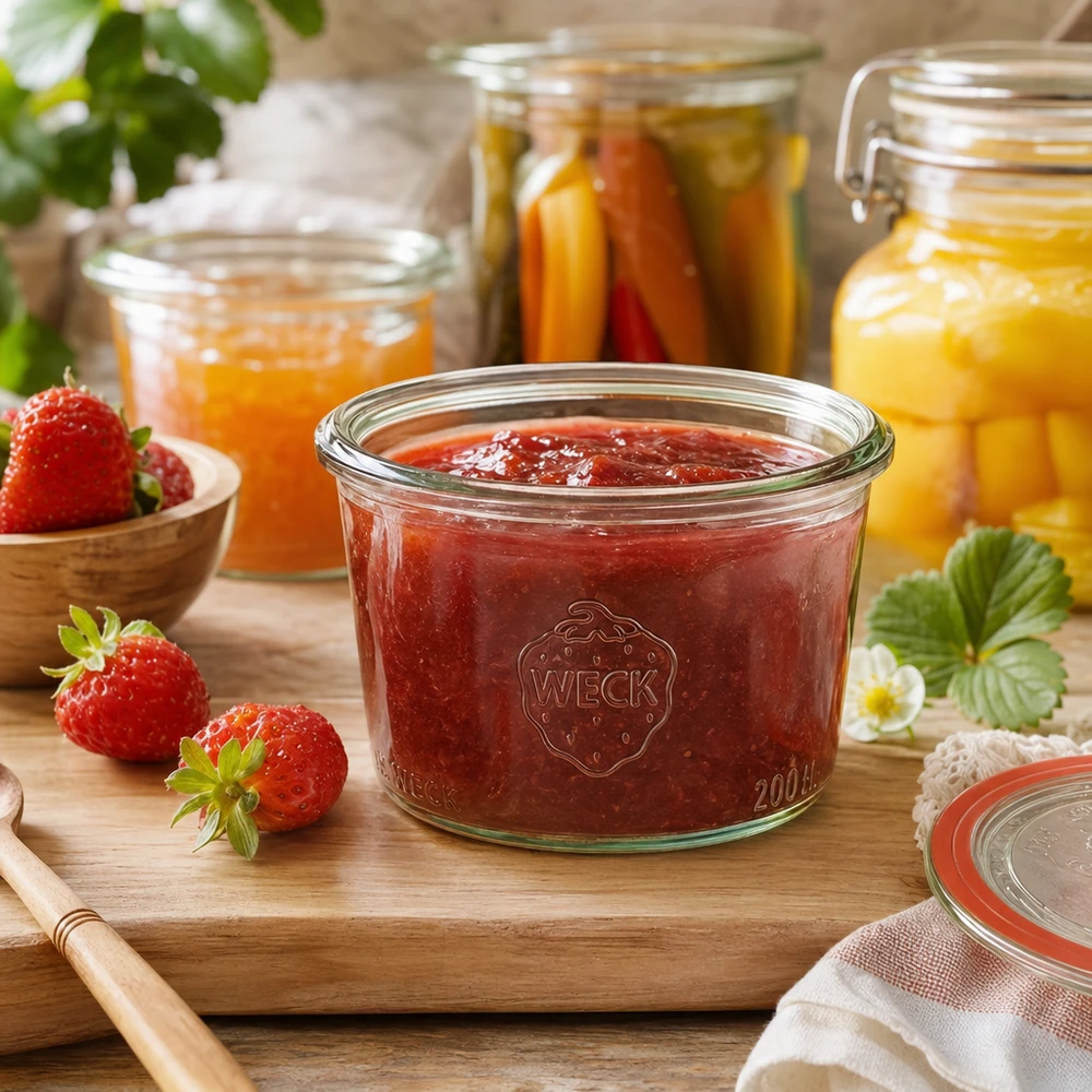 Tarro de cristal de 200 ml WECK RR80 tarro de cristal WECK RR80 de 200 ml lleno de mermelada de fresa sobre una tabla de madera junto a fresas frescas y tarros de conserva
