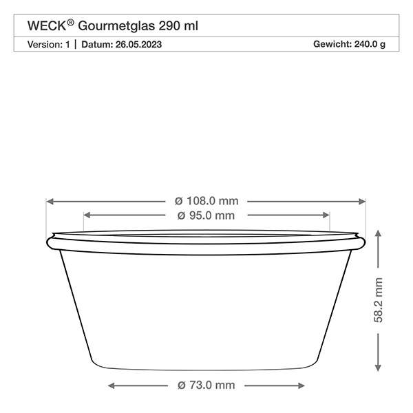 Tarro gourmet 290ml WECK RR100 Dibujo técnico WECK Tarro Gourmet 290ml RR100 con dimensiones Diámetro 108mm Altura 58mm Peso 240g