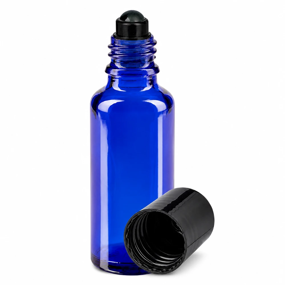 Botella de farmacia azul 30ml tapón roll-on negro Frasco de cristal azul de 30 ml con aplicador de bola negro y tapón de rosca para aceites esenciales