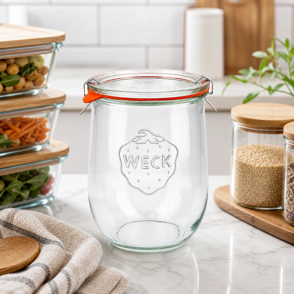 1062ml tarro tulipán completo WECK RR100 WECK Tulpenglas 1062ml RR100 auf Marmor-Arbeitsplatte zwischen anderen Vorratsgläsern in stilvoller Küchen-Einrichtung