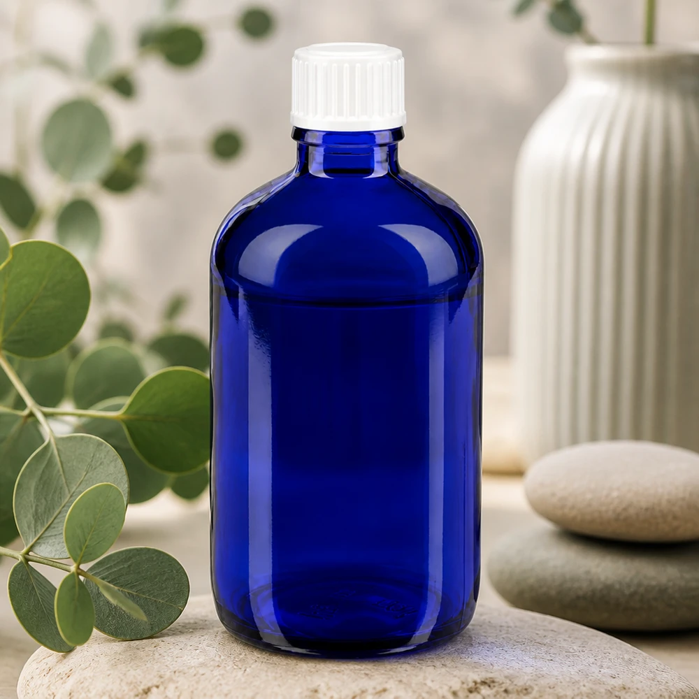 Botella redonda de cristal azul de 100 ml con tapón blanco estriado sobre piedras naturales