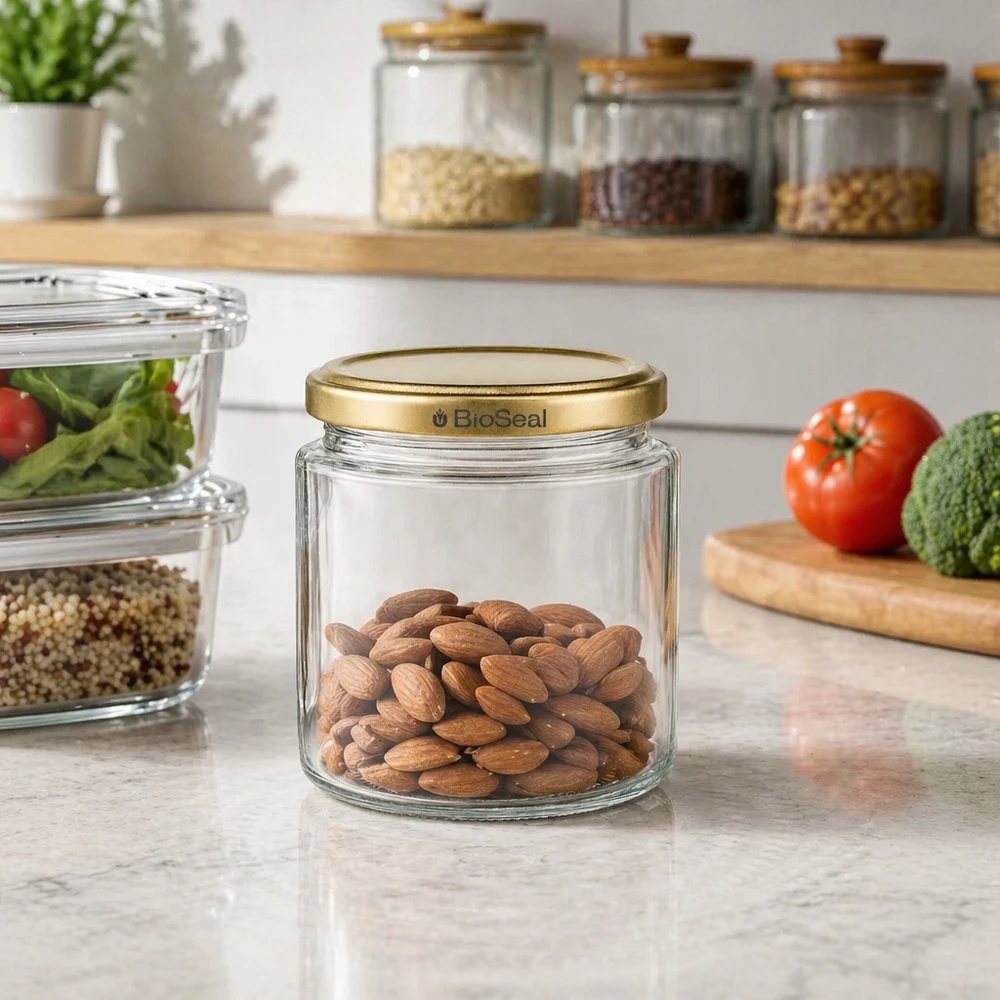 Tarro de almacenamiento BioSeal 250ml lleno de almendras en la cocina, tapa dorada UNiTWIST para frutos secos y alimentos secos