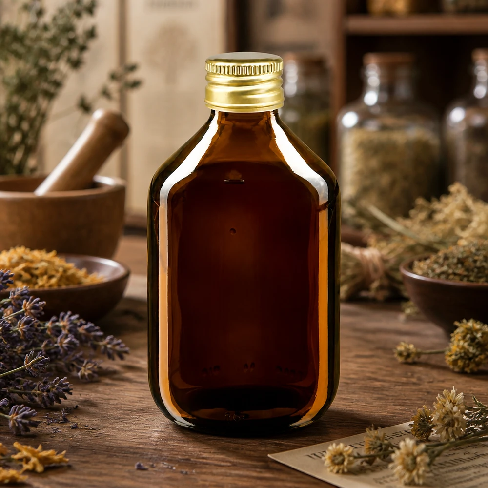 Práctico frasco para medicamentos de 300 ml fabricado en vidrio ámbar que protege el contenido de la luz nociva de forma óptima