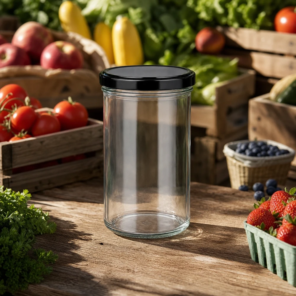 277ml mason jar con tapa negra sobre mesa de madera con tomates fresas arándanos mermelada tarro tarro de conserva