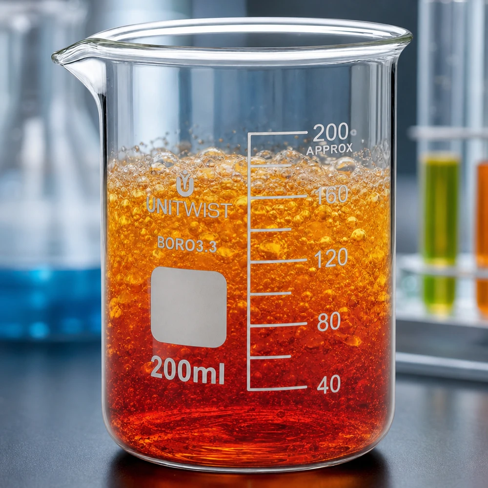 Vaso 200 ml borosilicato, molde bajo UNiTWIST Vaso de precipitados de 200 ml de borosilicato, de forma baja, con un líquido de reacción burbujeante de color rojo anaranjado