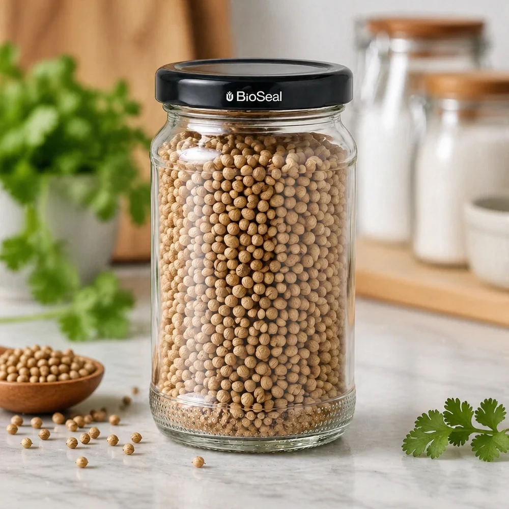 Tarro redondo 110ml + tapa BioSeal negro UNiTWIST Tarro de almacenaje UNiTWIST Runda110 relleno de semillas de cilantro y tapa TO48 BioSeal negra en una cocina moderna