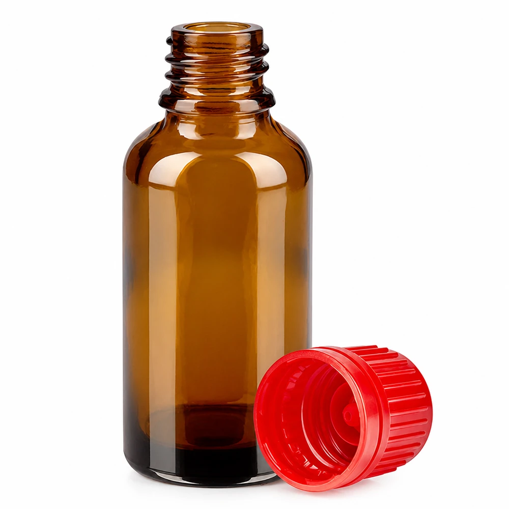 Frasco de farmacia marrón de 30 ml con rosca de 11 mm y tapón rojo para sustancias fotosensibles