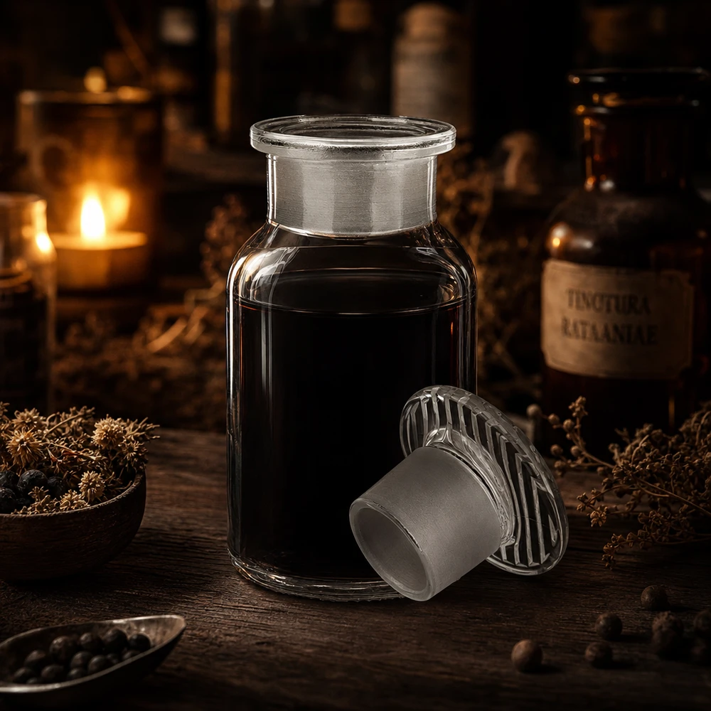 Frasco de hombros redondeados, 100 ml, transparente, con cuello ancho y tapón de cristal, para tinturas y extractos
