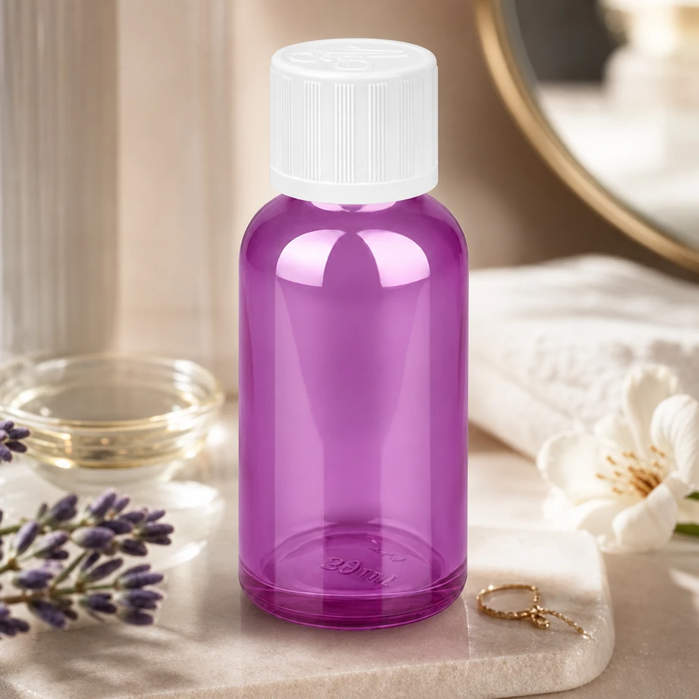 Botella de 30ml con tapón de rosca blanco de 11mm a prueba de niños PurpleLine UT18/30 Frasco compacto de vidrio violeta de 30 ml con cierre de seguridad para niños para guardar líquidos de forma segura