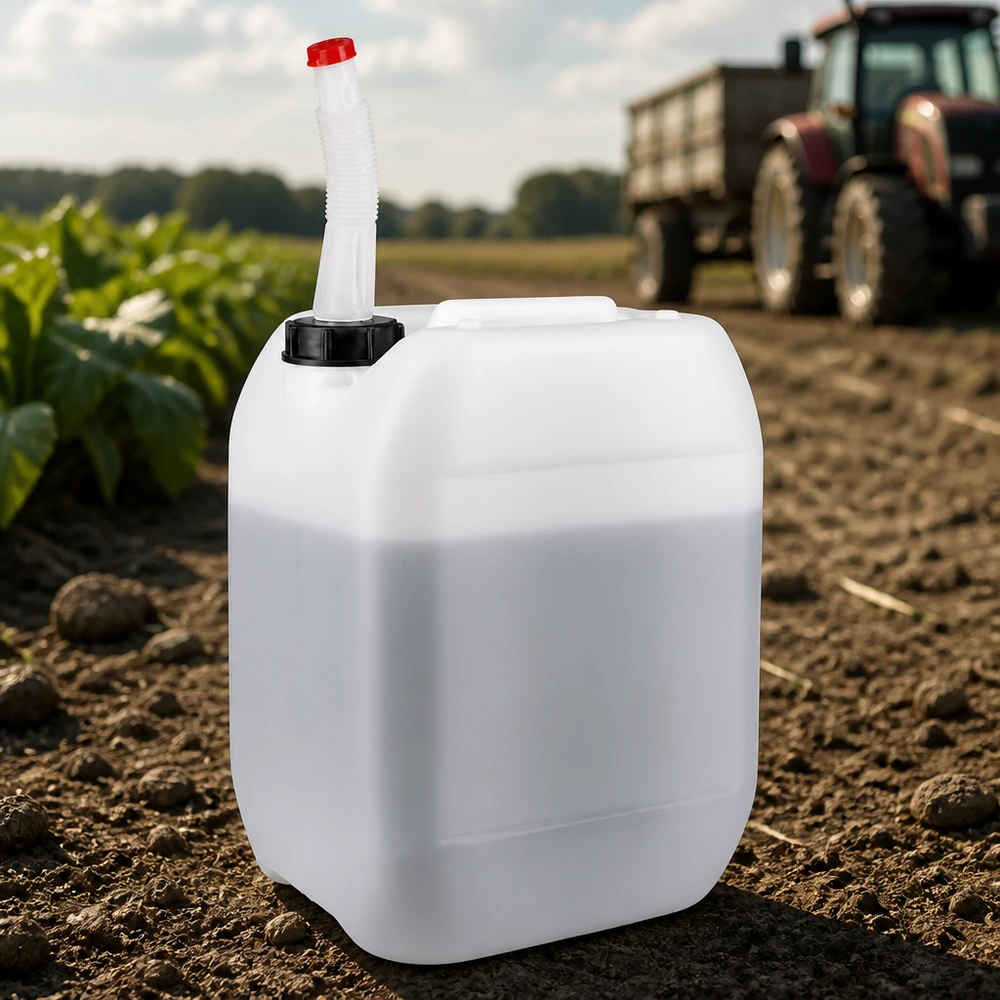 Bidón resistente de 10 litros con tubo de salida flexible para uso agrícola en campos de cultivo