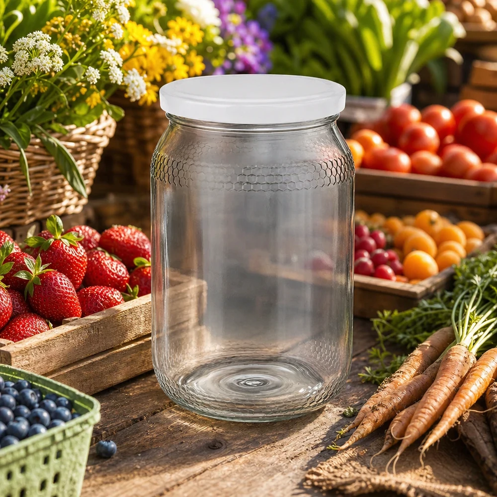 Tarro para miel de 1260 g con tapa blanca BasicSeal UNiTWIST Tarro de miel vacío de 900 ml con tapa blanca BasicSeal entre frutas y verduras frescas muestra un uso natural