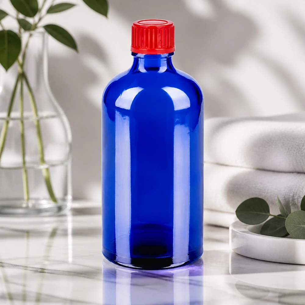 Frasco 100ml 11mm tapón rosca rojo estándar BlueLine UT18/100 Botella SV de 100 ml con tapón de rosca rojo estriado y superficie de vidrio azul STD BlueLine