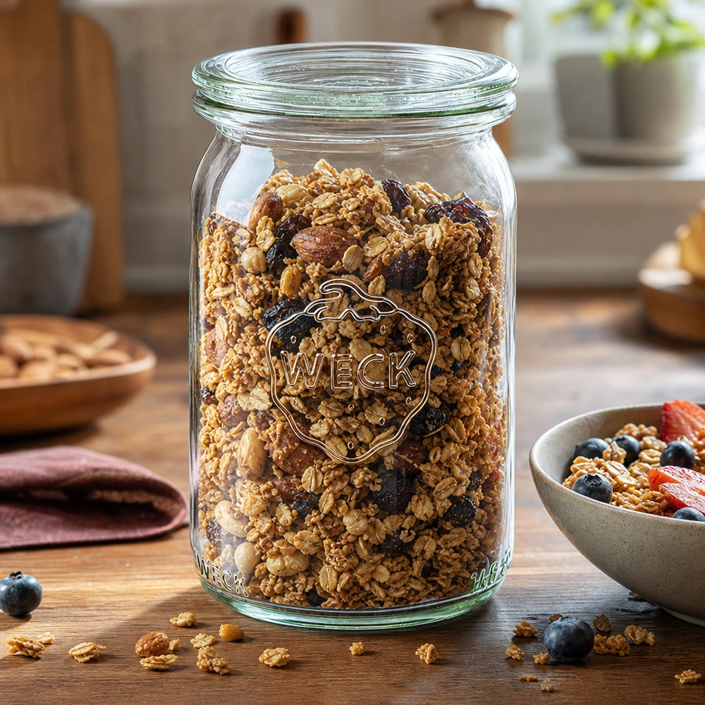 Tarro cilíndrico WECK de 145 ml lleno de muesli y frutos secos como tarro de almacenaje sobre una mesa de madera en una cocina moderna