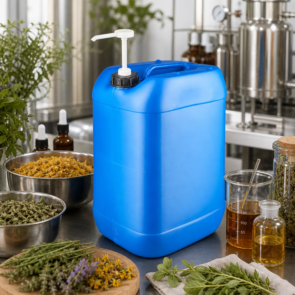 Bidón azul de 25 litros con bomba dosificadora entre hierbas y frascos de cristal en la fabricación de cosméticos naturales