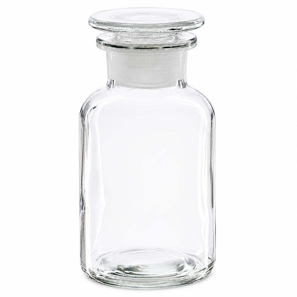 Botella transparente de hombros redondeados de 250 ml con tapón de cristal y cuello ancho, para laboratorio y farmacia