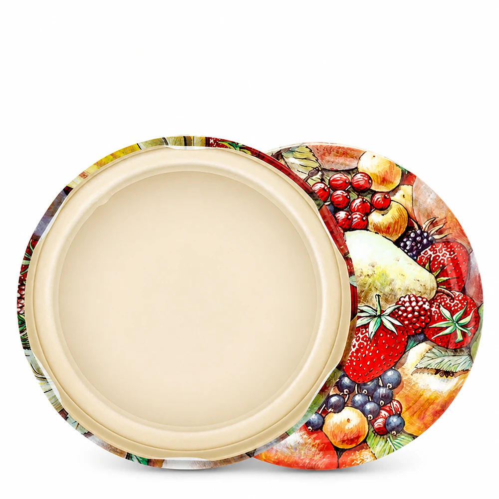 Anverso y reverso: tapa para conservas BasicSeal de 82 mm, modelo TO82, con diseño de frutas UNiTWIST: fresas y bayas