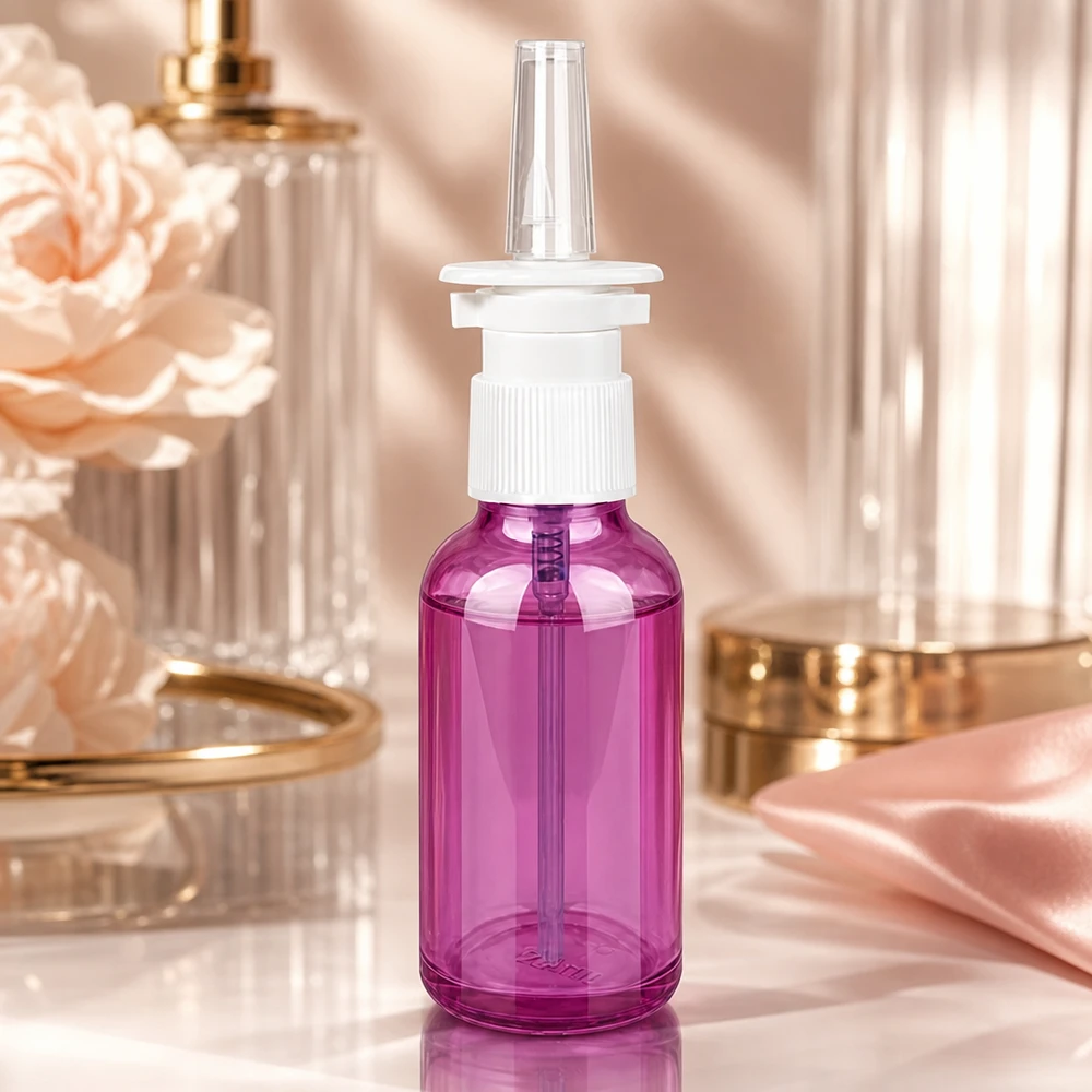 Frasco pulverizador nasal de 30 ml blanco/transparente estándar PurpleLine. UT18/30 Pulverizador nasal de 30 ml de alta calidad con rosca UT18 de color morado para preparados farmacéuticos