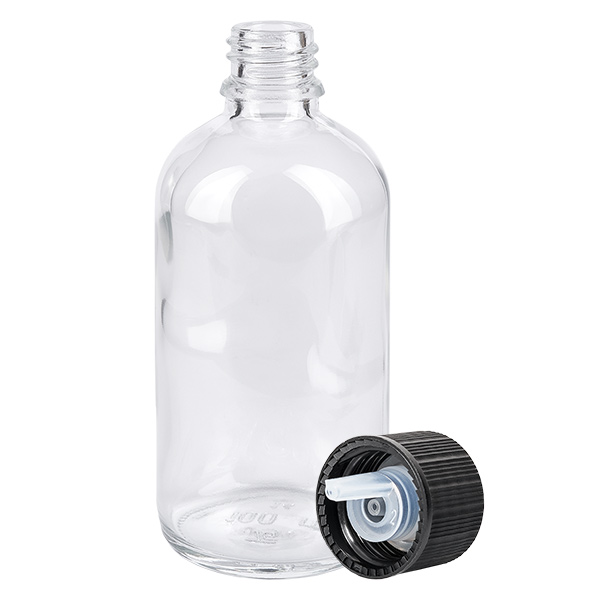 Frasco cuentagotas 100ml 1mm negro tapón estándar ClearLine UT18/100 Frasco cuentagotas ClearLine de 100 ml de cristal transparente con tapón cuentagotas negro y abertura de 1 mm