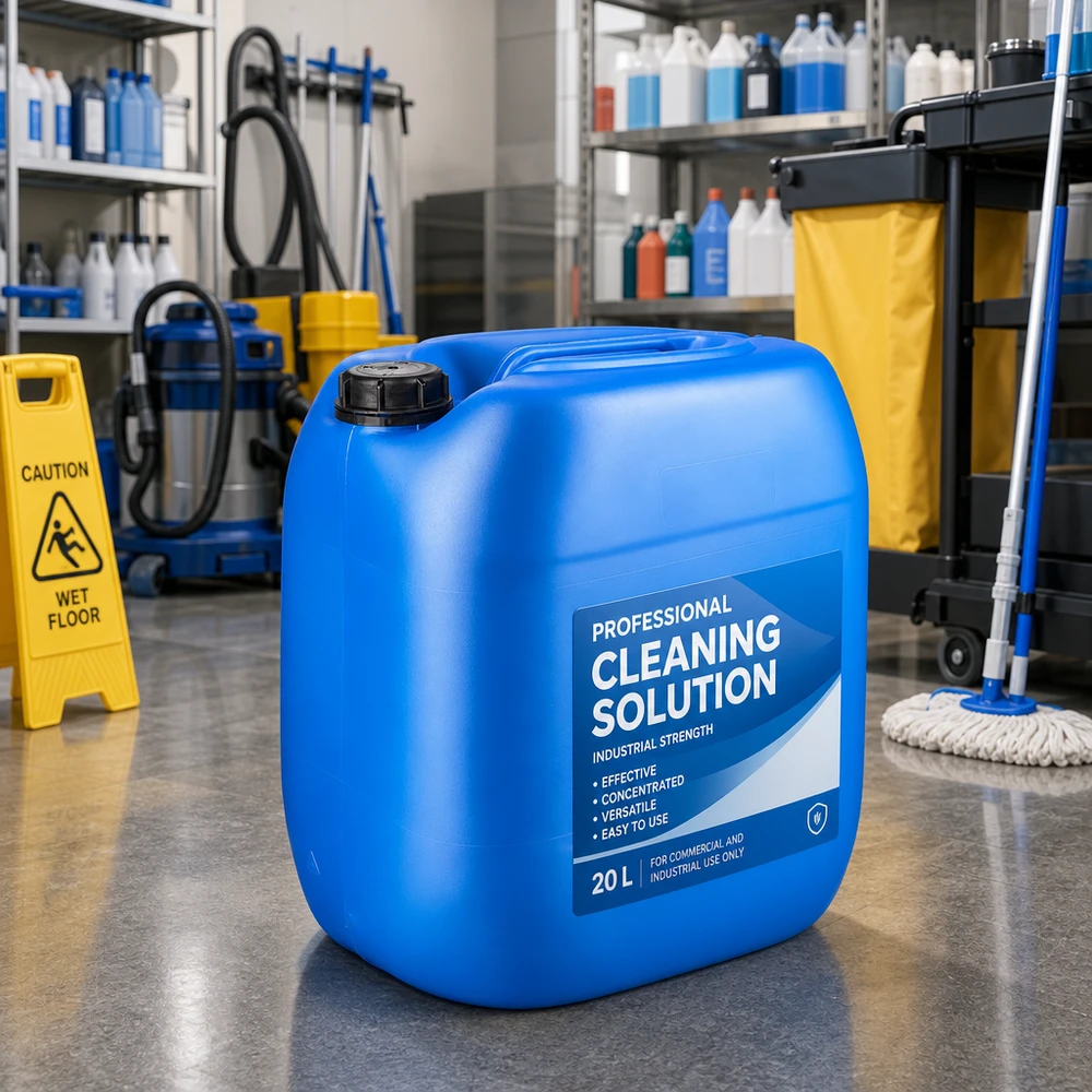 Jerrycan 30 litros azul con tapón de rosca cierre inviolable Bidón azul de 30 litros con tapón de rosca OV en un almacén de productos de limpieza profesionales