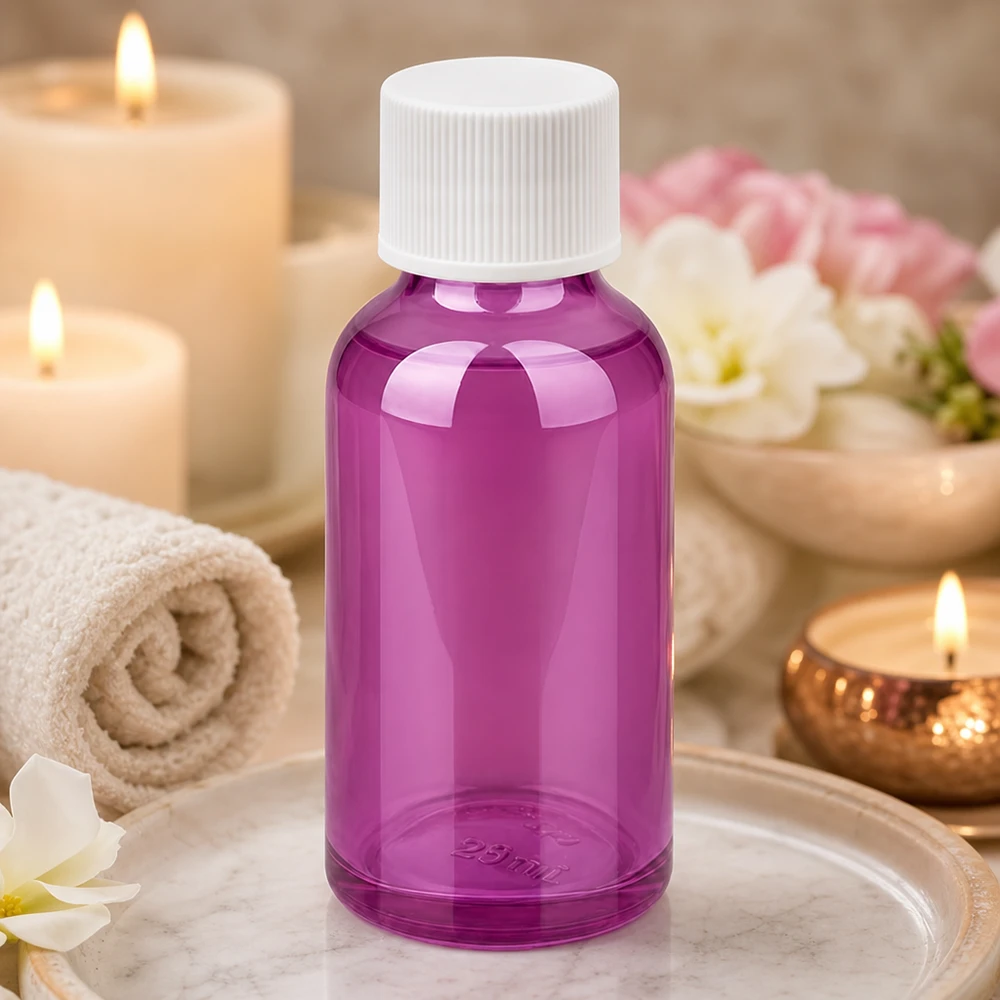 Frasco de 30 ml con tapón de rosca de 11 mm blanco estándar PurpleLine UT18/30 Frasco cosmético de 30 ml morado con tapón de rosca blanco para productos de belleza y cuidado de la piel
