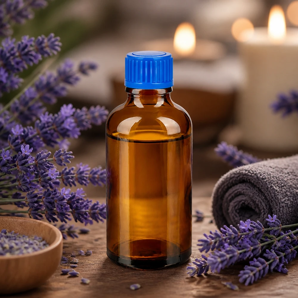 Frasco de vidrio ámbar de 50 ml con tapón azul estándar para aromaterapia y cosmética