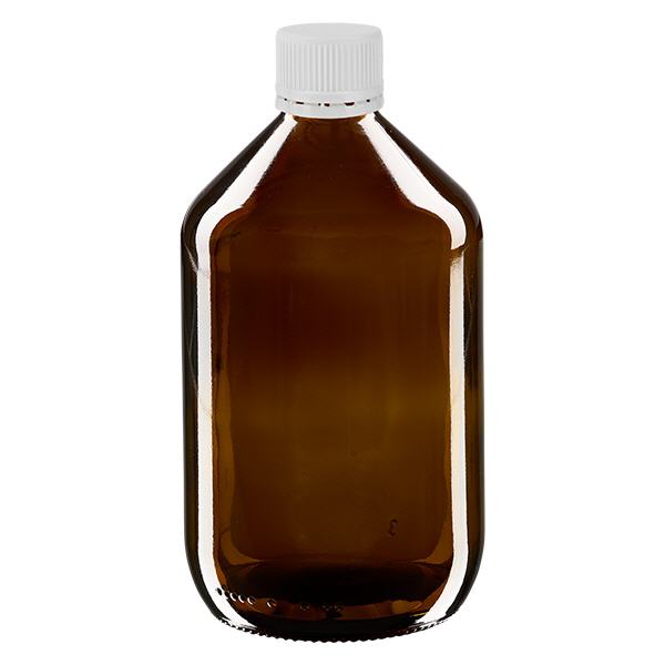 Frasco medicamento 500ml marrón, tapón blanco con precinto de seguridad ApoGlas Frasco medicamento 500ml marrón, tapón blanco con precinto de seguridad ApoGlas