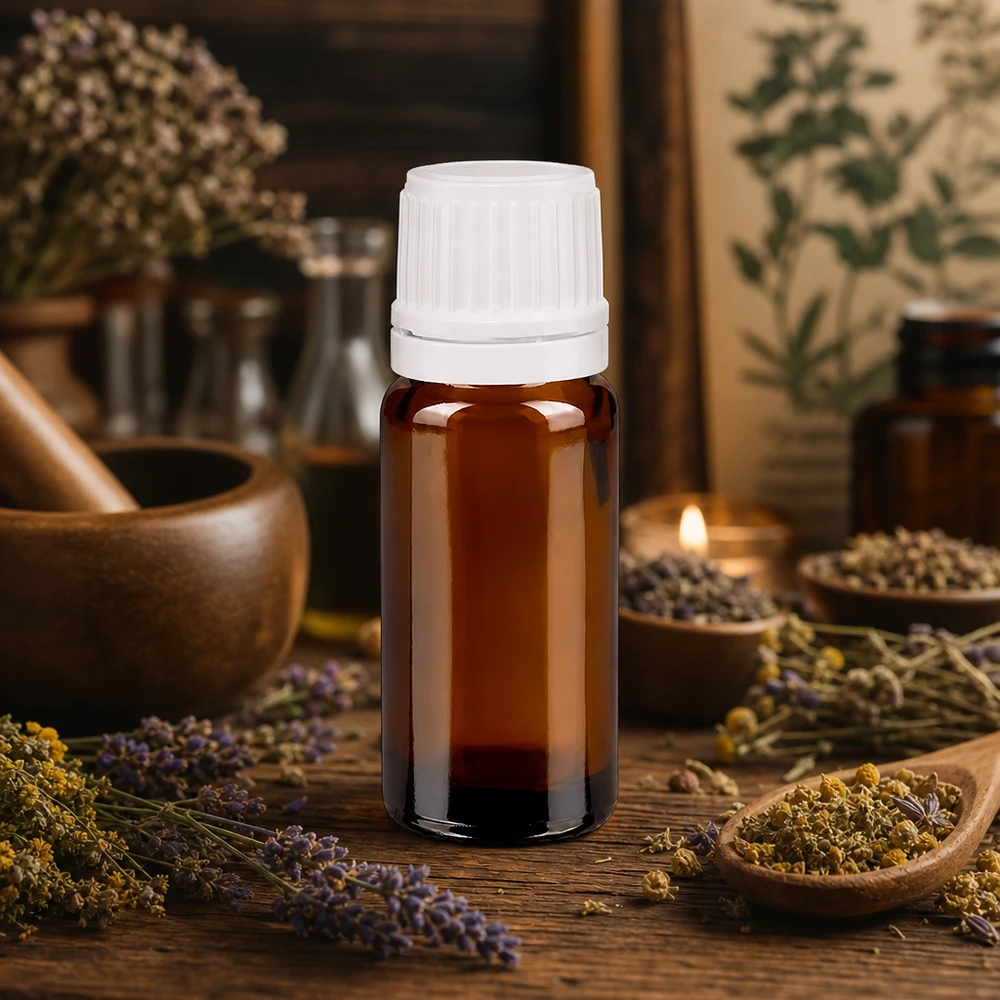 Frasco cuentagotas compacto de 10 ml, de cristal ámbar con tapón de rosca blanco, para medicina natural