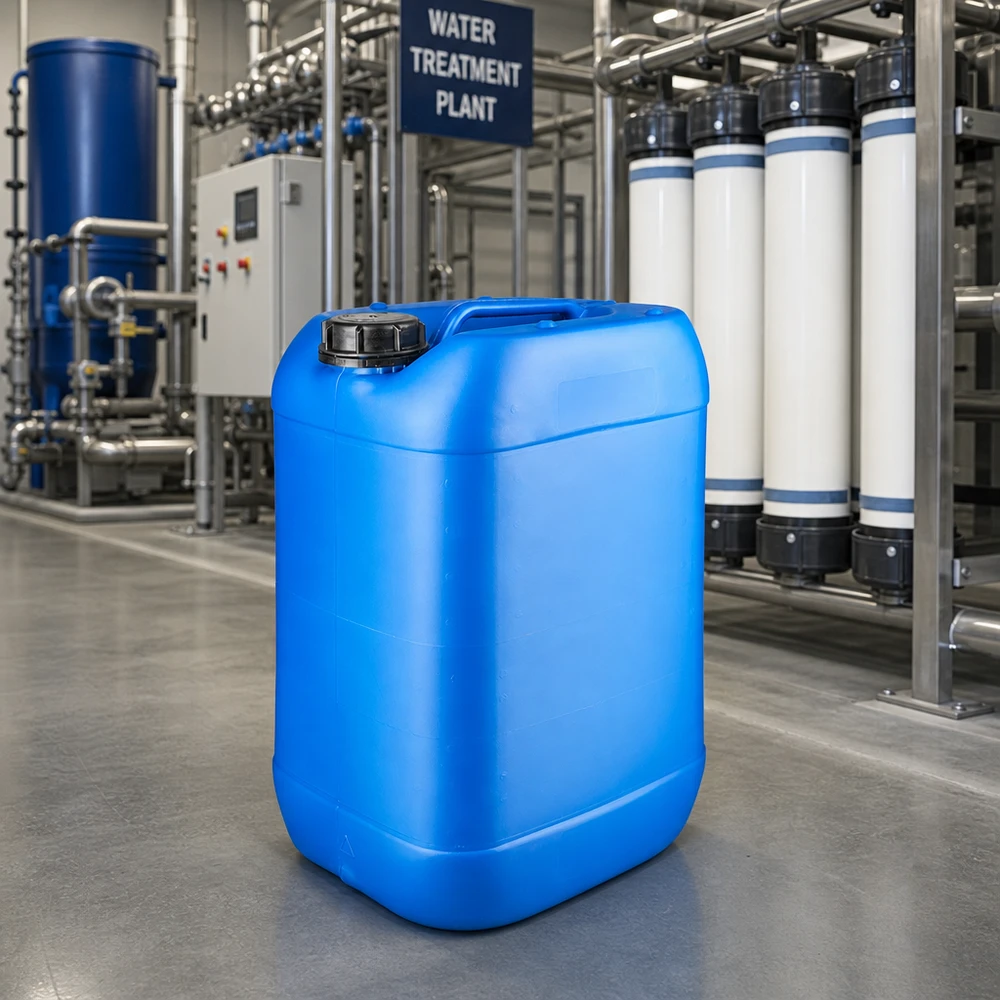 Bidón azul de 25 litros con tapón de rosca OV en una moderna planta de tratamiento de agua