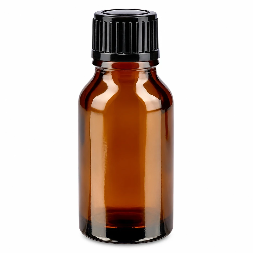 Frasco de farmacia marrón de 15 ml con tapón de rosca negro, fabricado en vidrio marrón de alta calidad