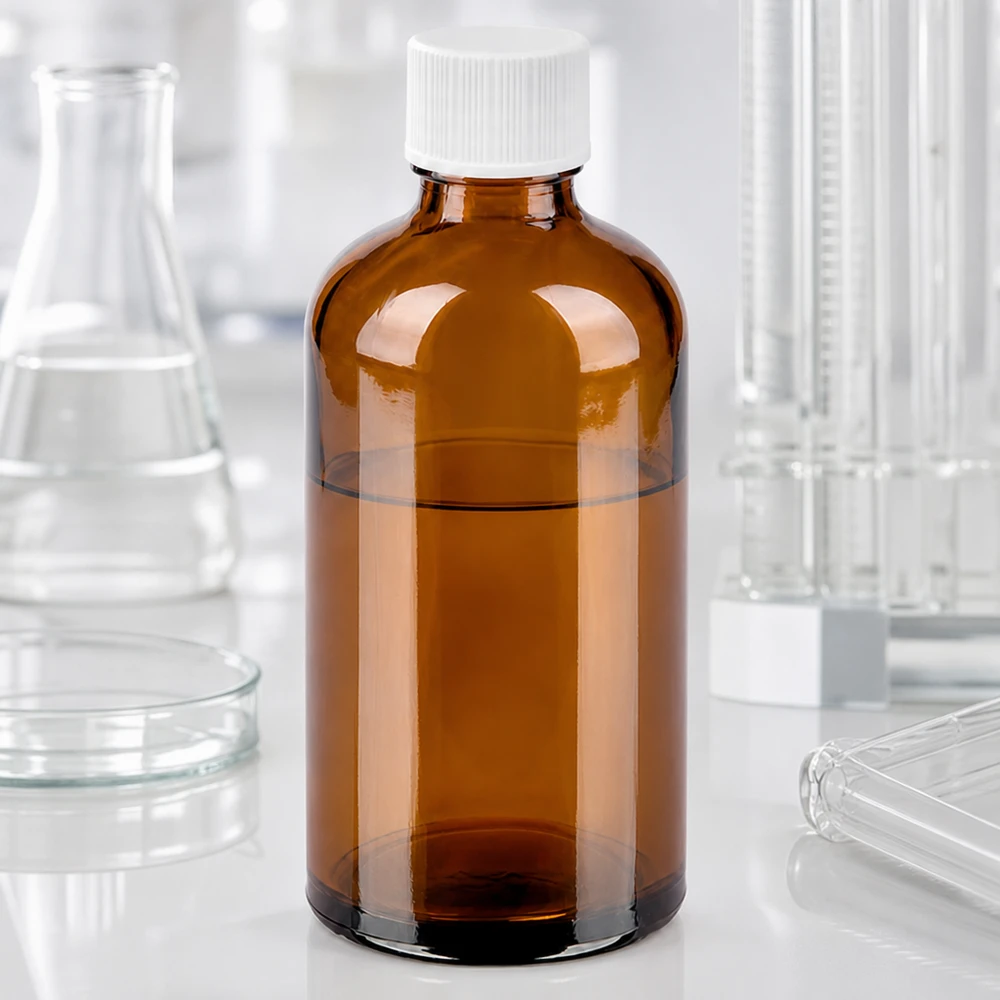 Botella 100ml 11mm tapón rosca blanco Estándar BrownLine UT18/100 Frasco de laboratorio redondo de 100 ml de vidrio ámbar con tapón blanco para aplicaciones profesionales