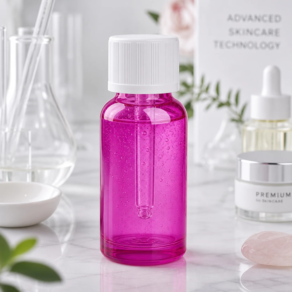 Frasco cuentagotas vacío de 20 ml en elegante color morado con tapón blanco para aplicaciones cosméticas y de laboratorio
