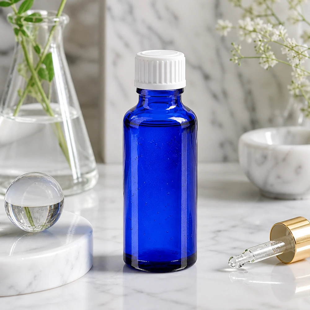 Botella de farmacia azul 30ml tapón rosca blanco estándar Frasco de farmacia azul de cristal de 30 ml con tapón blanco estándar sobre fondo de mármol y pipeta