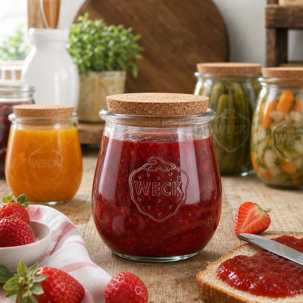 Tarro tulipán WECK con tapón de corcho relleno de mermelada de fresa en un acogedor ambiente de cocina con fruta fresca