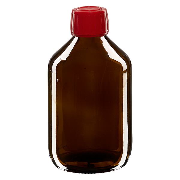 Frasco medicamento 300ml marrón, tapón rojo con precinto de seguridad ApoGlas Frasco medicamento 300ml marrón, tapón rojo con precinto de seguridad ApoGlas