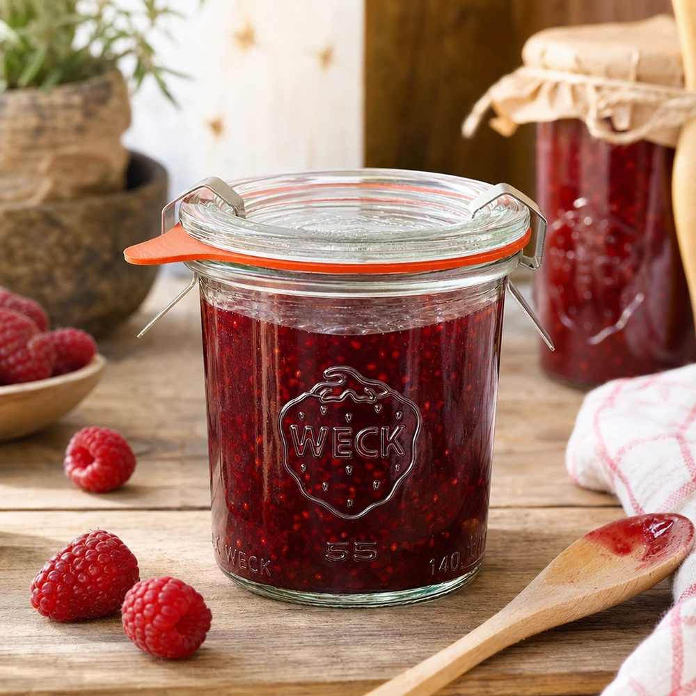 Tarro de conserva WECK 140ml RR60 lleno de mermelada de frambuesa en cocina rústica con bayas frescas y cuchara de madera