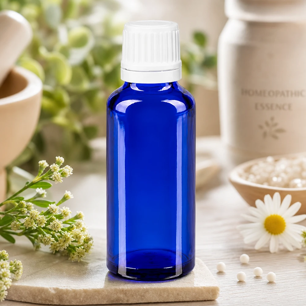 Frasco cuentagotas azul de 30 ml para homeopatía, fabricado en ApoGlas, con una etiqueta blanca junto a una flor de manzanilla y glóbulos homeopáticos