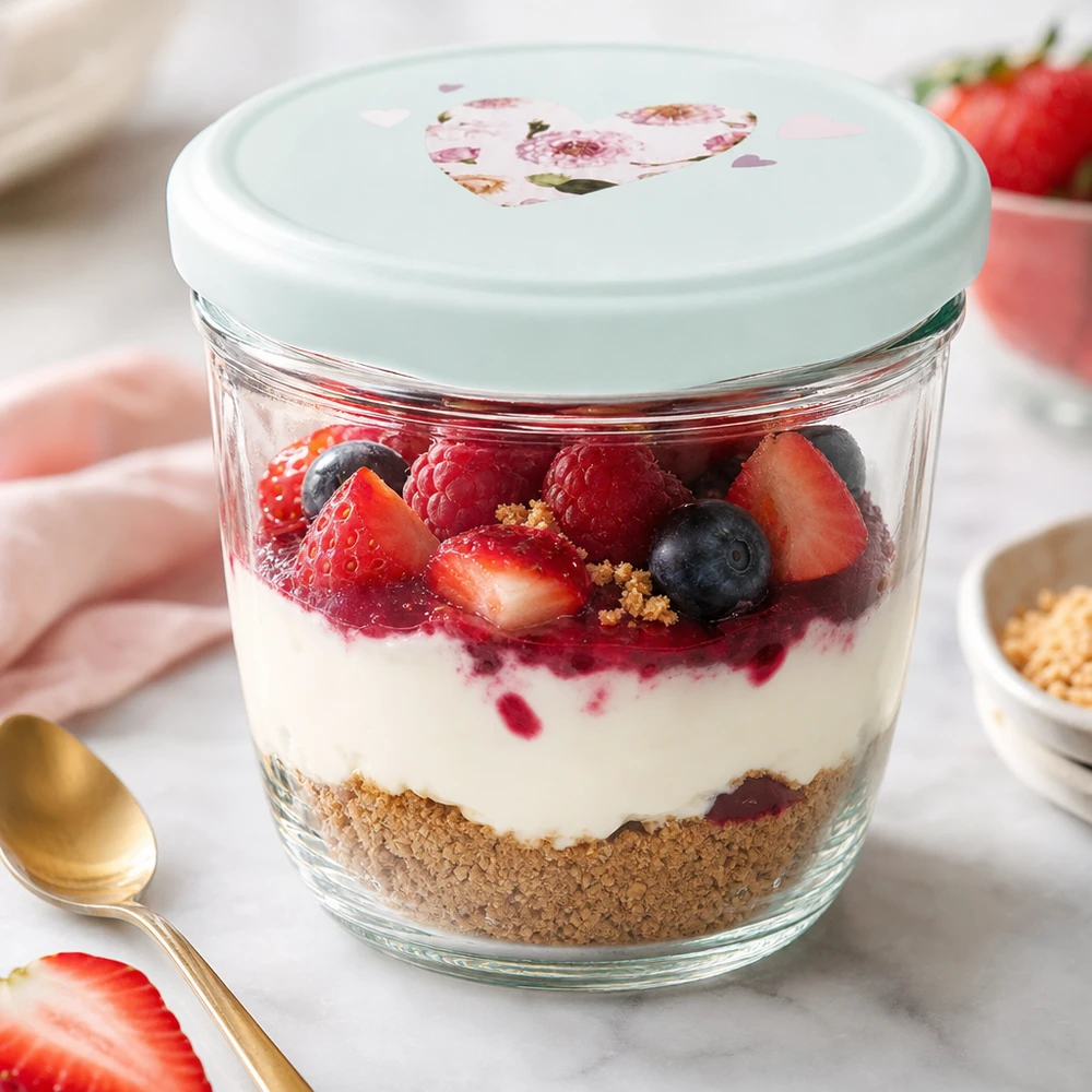 Postre de bayas en vasos de 230 ml con tapa de corazón BasicSeal de menta, postre en capas con yogur y fruta fresca