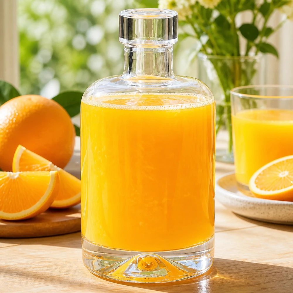 Botella de vidrio de 50 ml «50ml Glasflasche "Amelie" ohne Verschluss UNiTWIST» sin tapón UNiTWIST® Botella de cristal de 50 ml Amelie llena de zumo de naranja junto a naranjas frescas muestra el uso para zumos y batidos de frutas