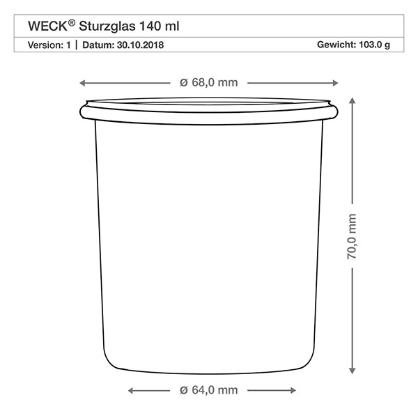WECK vasos 140ml dibujo técnico dimensiones dimensiones 68mm diámetro 70mm altura especificación del producto