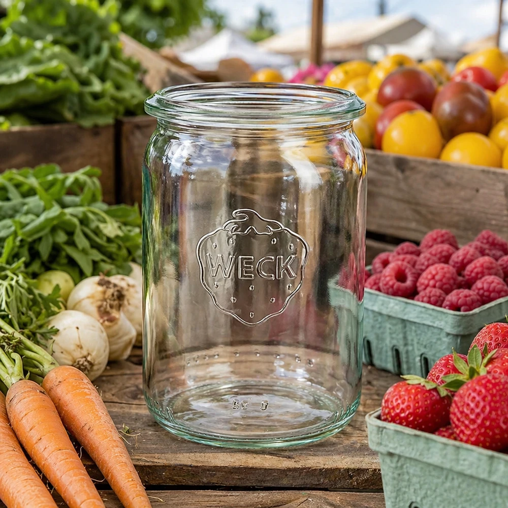 Tarro cilíndrico de 145ml WECK RR40 Tarro cilíndrico WECK RR40 145ml presentado en un puesto de mercado entre zanahorias frescas, fresas, frambuesas y verduras de colores.