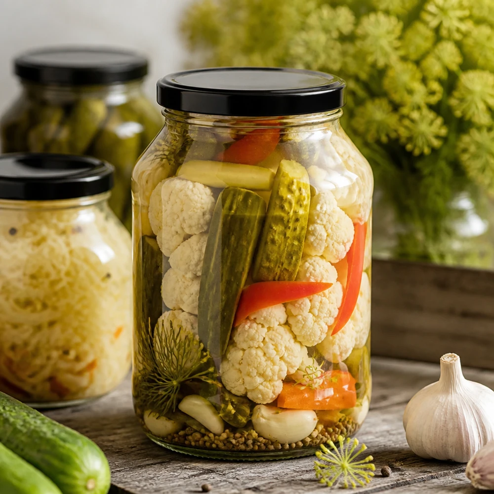 Tarro de conserva 2650ml con tapa negra lleno de verduras en escabeche pepino coliflor sobre mesa de madera