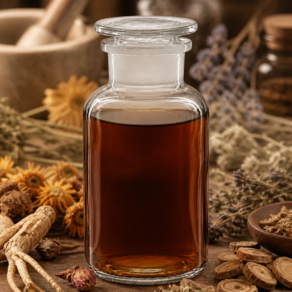 Frasco de farmacia de 500 ml, transparente, de cuello ancho, con tapón de cristal y rodeado de hierbas medicinales secas