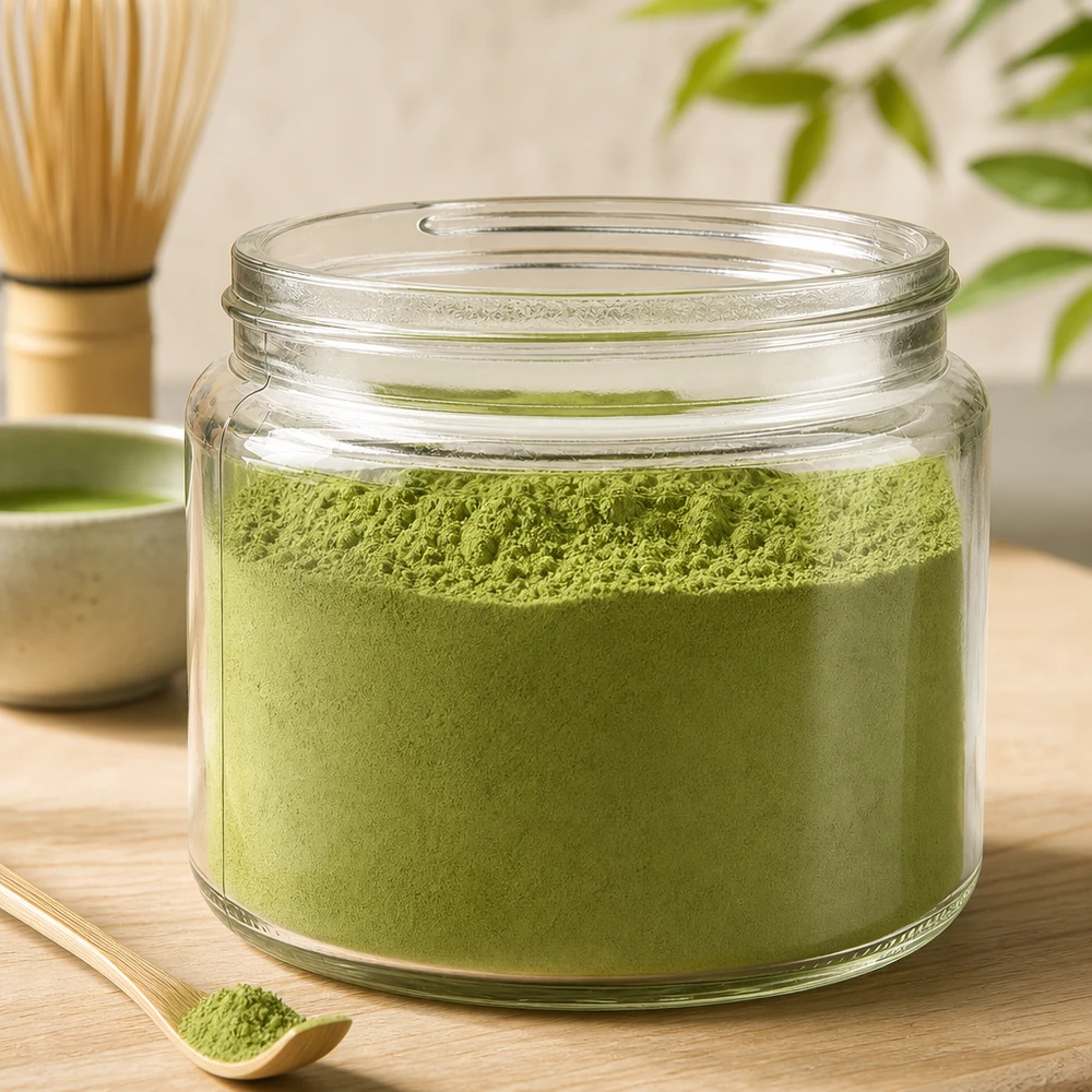 Tarro de cristal transparente de 250 ml lleno de polvo de matcha verde junto a un batidor de bambú sobre una mesa de madera Preparación del té