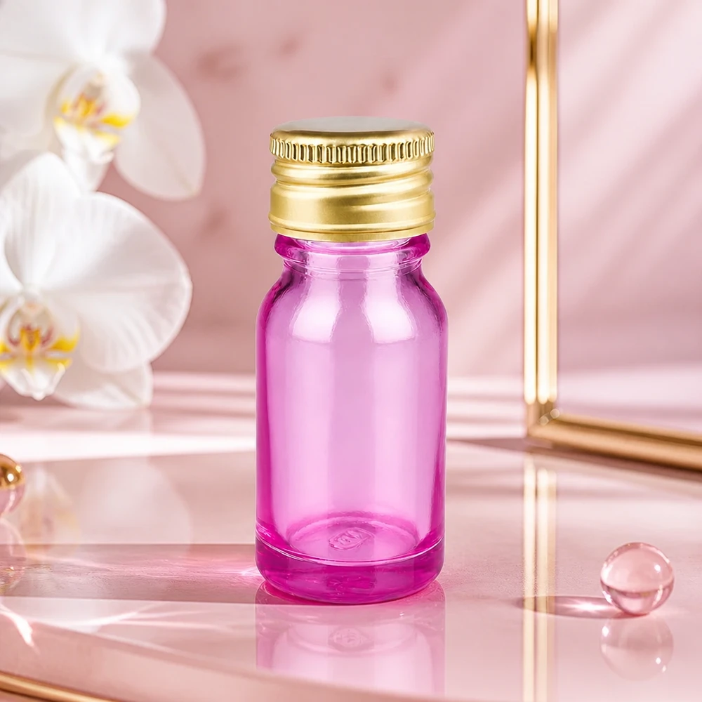 Elegante frasco de 10 ml de color púrpura transparente con lujoso tapón de aluminio dorado para productos de primera calidad