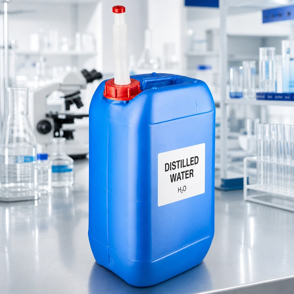 Bidón azul de 15 litros con tubo de salida flexible largo para agua destilada en el laboratorio