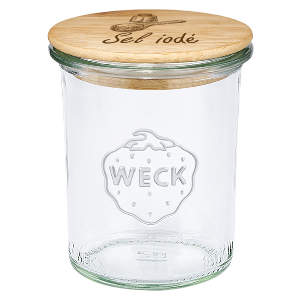 Couvercle en bois "Sel iodé" avec WECK verre plongeant 160ml Couvercle en bois "Sel iodé" avec WECK verre plongeant 160ml