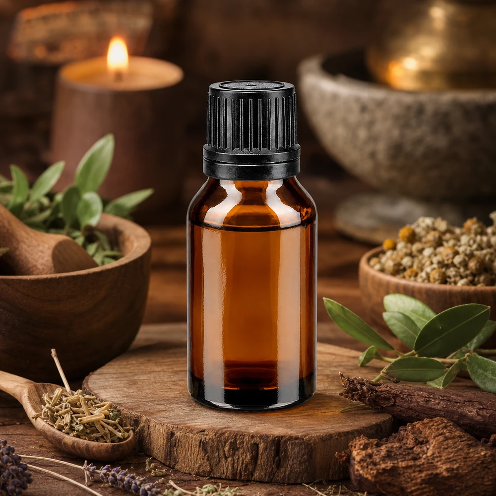 Botella de farmacia marrón 15ml tapón cuentagotas anillo vertedor 1mm negro cierre inviolable Hierbas aromáticas y frasco de farmacia marrón de 15 ml con tapón cuentagotas negro sobre base de madera