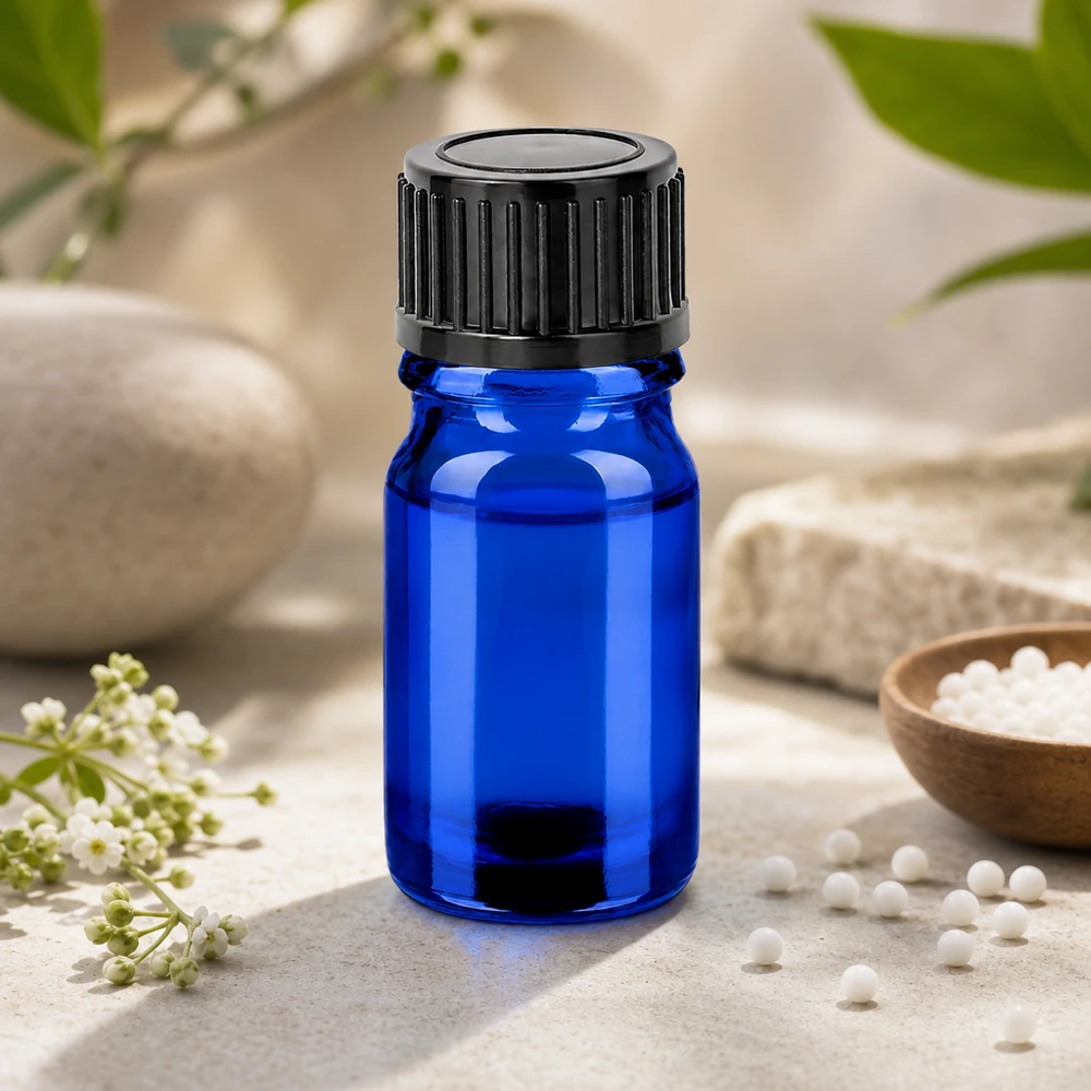 Frasco compacto de vidrio de 5 ml en elegante azul con protección UV para sustancias fotosensibles